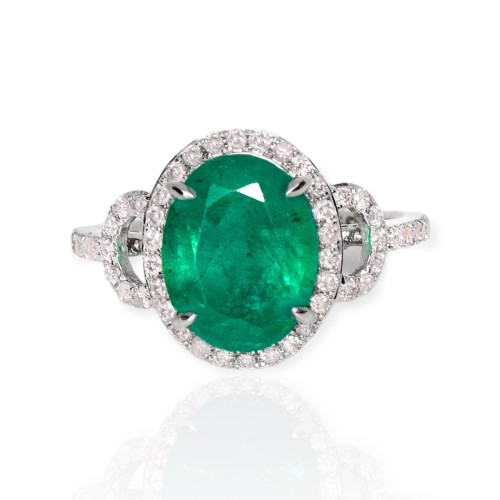 Ring 14K White Gold with Emerald and Diamonds